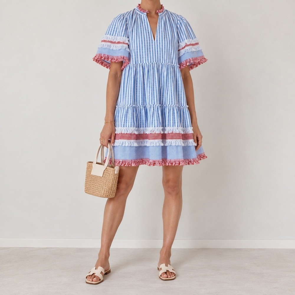 Tuckernuck Savannah Stripe Crawford Dress Small Blue Gingham Fringe Mini